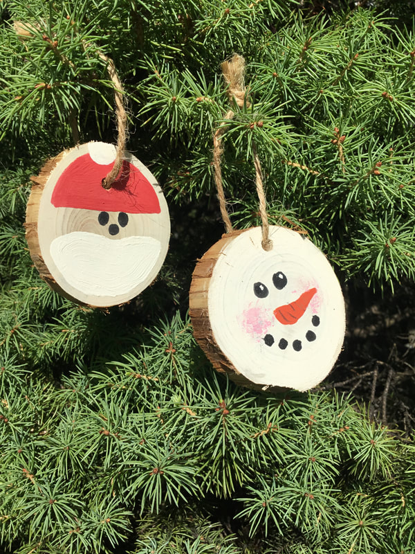 wood disc santa face ornament  and snowman face ornament